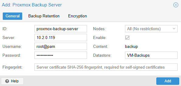 authenticating to the proxmox backup server with the username, password, and IP address.