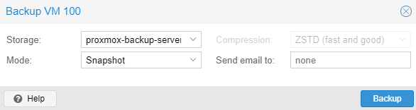 selecting the proxmox backup server storage and mode, then backing up the server.