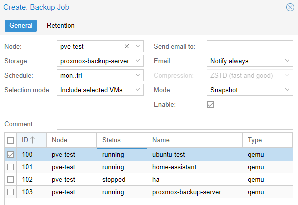 setting a backup job for the entire proxmox server.