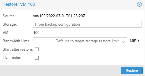 select the restore button for vm 100 to restore it from backup.