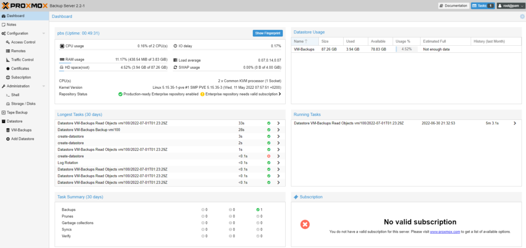 viewing proxmox backup server dashboard.