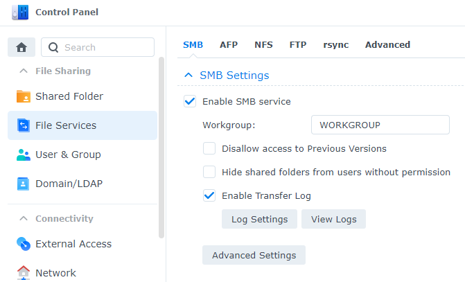 how to map a windows network drive on a synology nas - showing the smb services in synology dsm control panel.