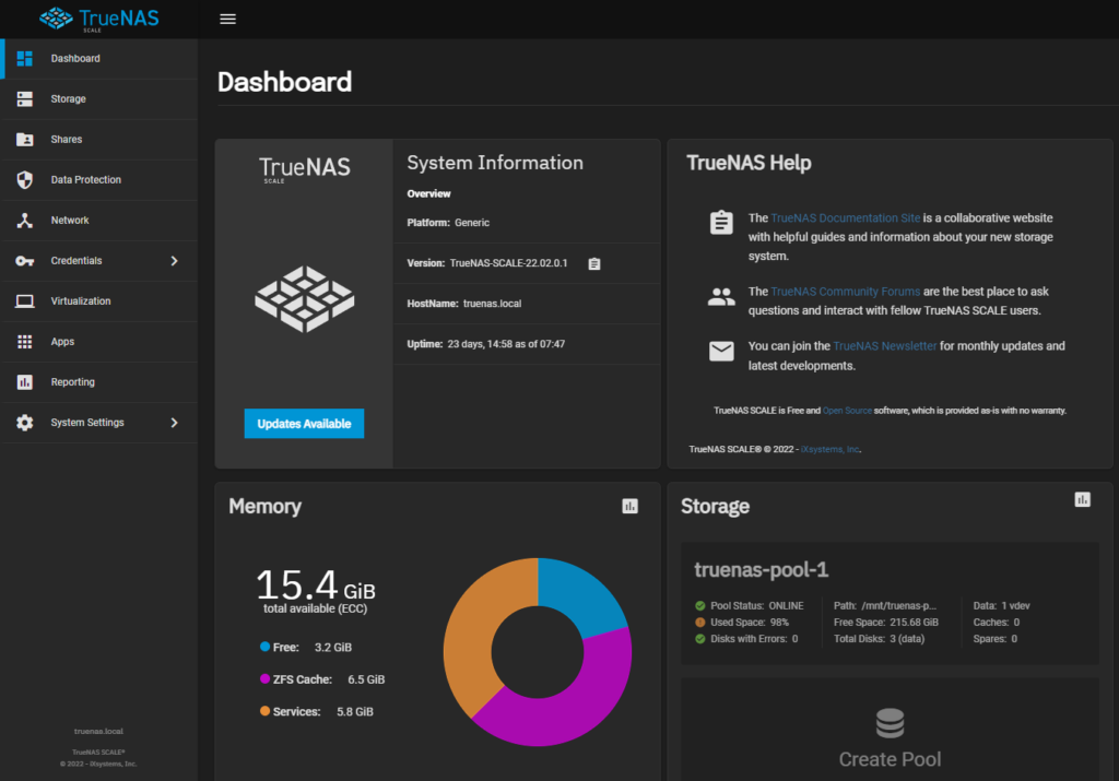 truenas scale dashboard and operating system.