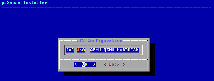 select the hard disk to install pfsense on.