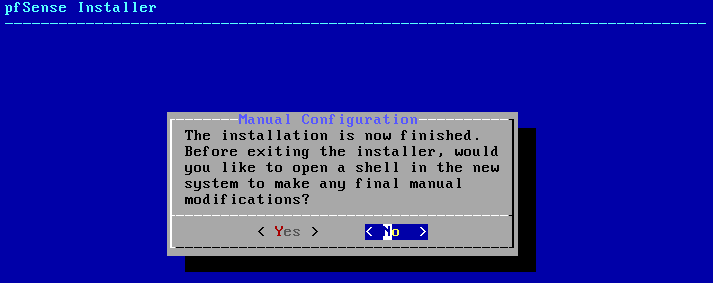 selecting no to not manually configure the settings in pfsense.