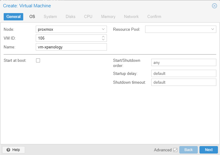 how to install xpenology on proxmox - setting the proxmox name and VM ID.