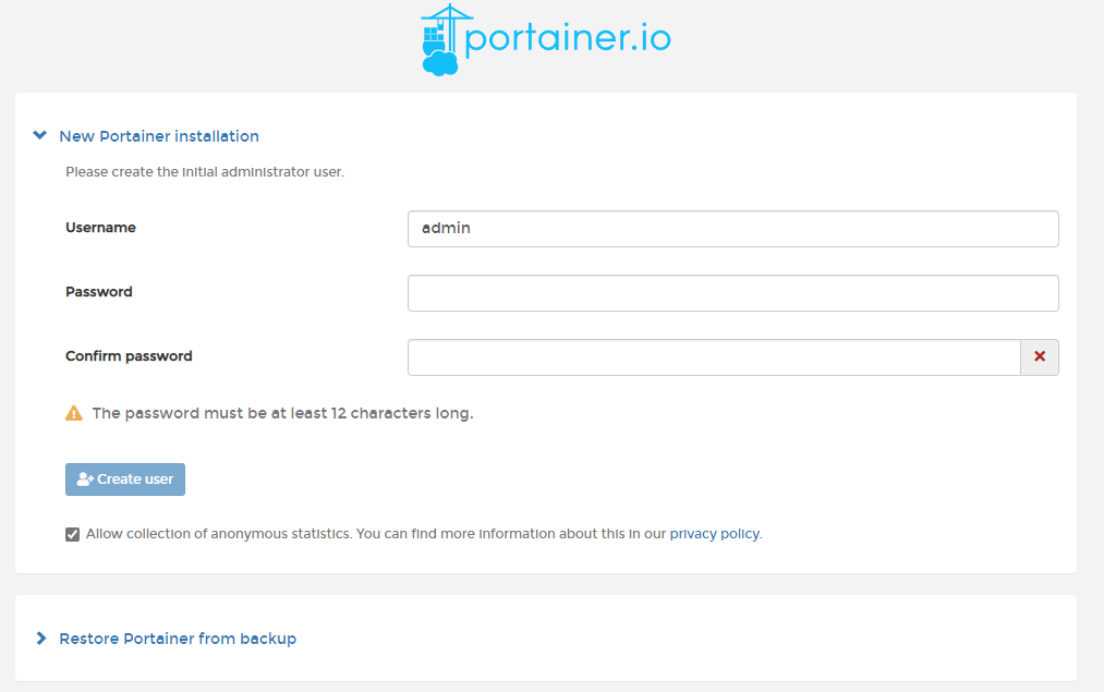 adding a username and password for portainer.