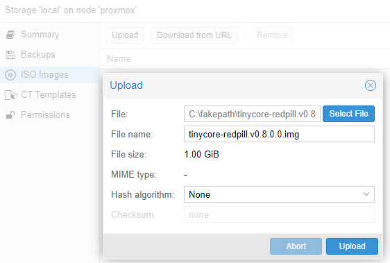 uploading the image to Proxmox.