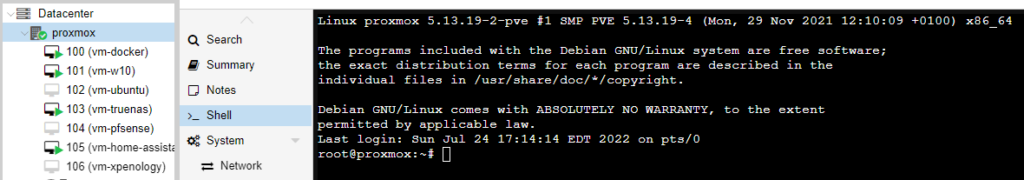 navigating to the proxmox shell.