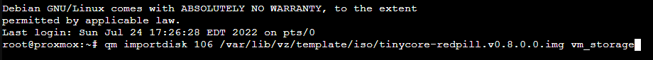 running the command above to import the disk to the VM storage.