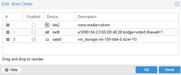 enabling the sata boot device and disabling ide and net.