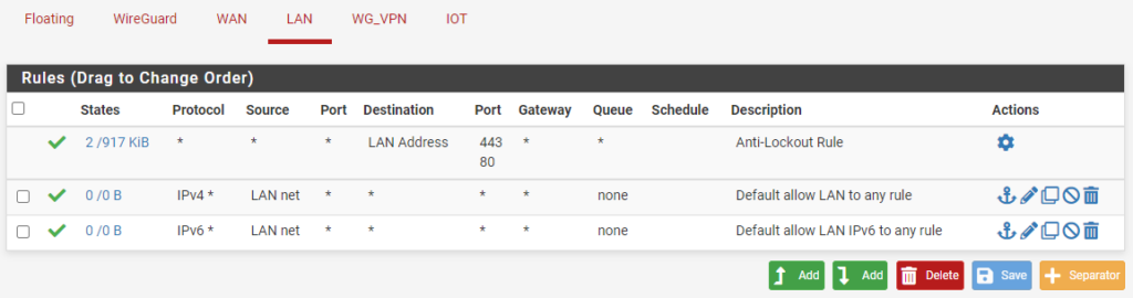 LAN example rules for pfsense allowing access to the local network.
