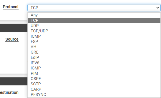 selecting TCP in pfsense but displaying all protocols that can be selected. 