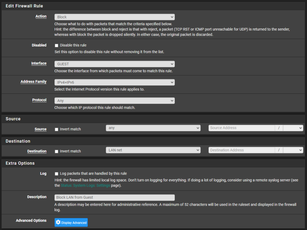 showing an example firewall rule in pfsense.