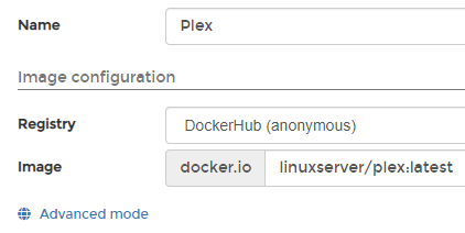 adding the name and image for plex in portainer.
