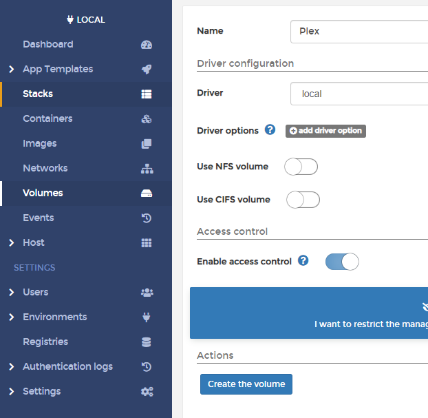 adding the plex volume in portainer.