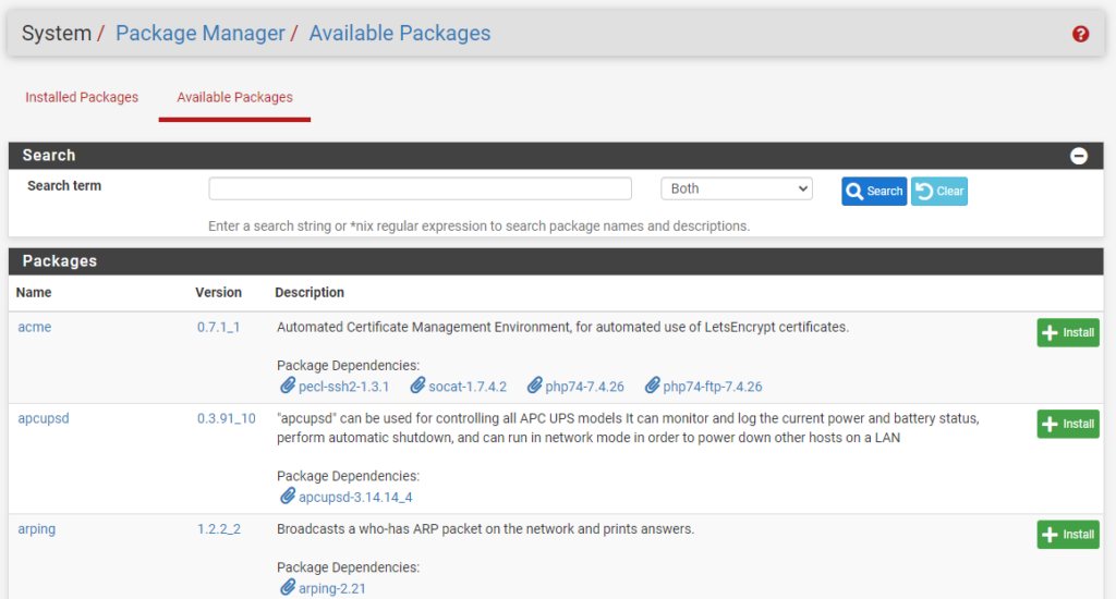 pfsense package manager.
