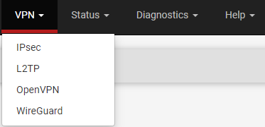 vpn tab showing wireguard and openvpn in pfsense.