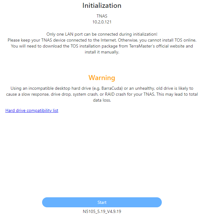 how to set up a terramaster nas - initialization of the TOS operating system.