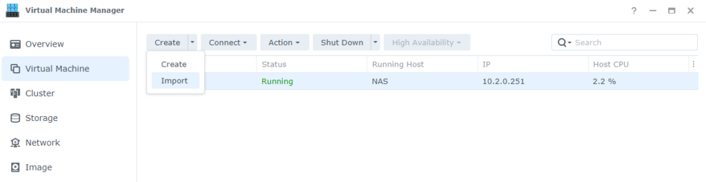 importing an image in virtual machine manager in synology dsm.