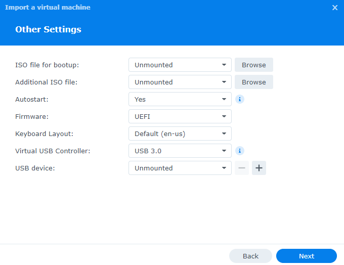 additional settings for importing a virtual machine.