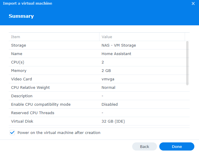 confirming the settings in virtual machine manager before installing.