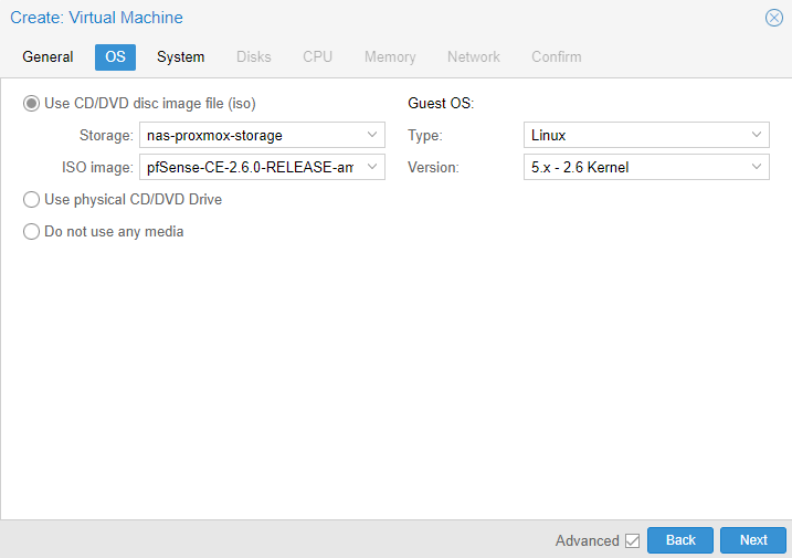 selecting the pfsense ISO image in proxmox.