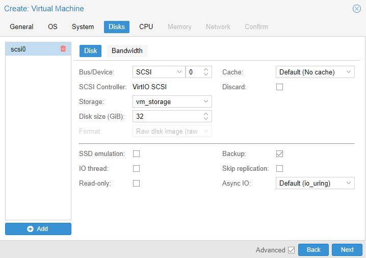 adding a hard disk in proxmox for pfsense.