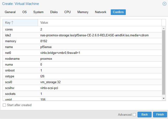 reviewing the VM settings before finishing the container. 