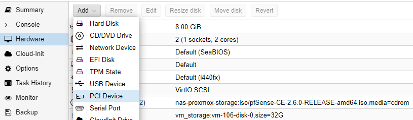 adding a PCI device to proxmox.