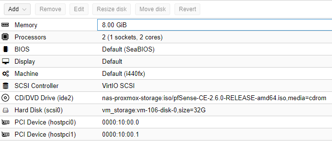 adding a WAN and LAN device to Proxmox for pfsense to use.