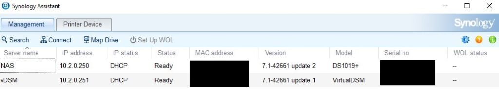 viewing the nas devices in synology assistant.