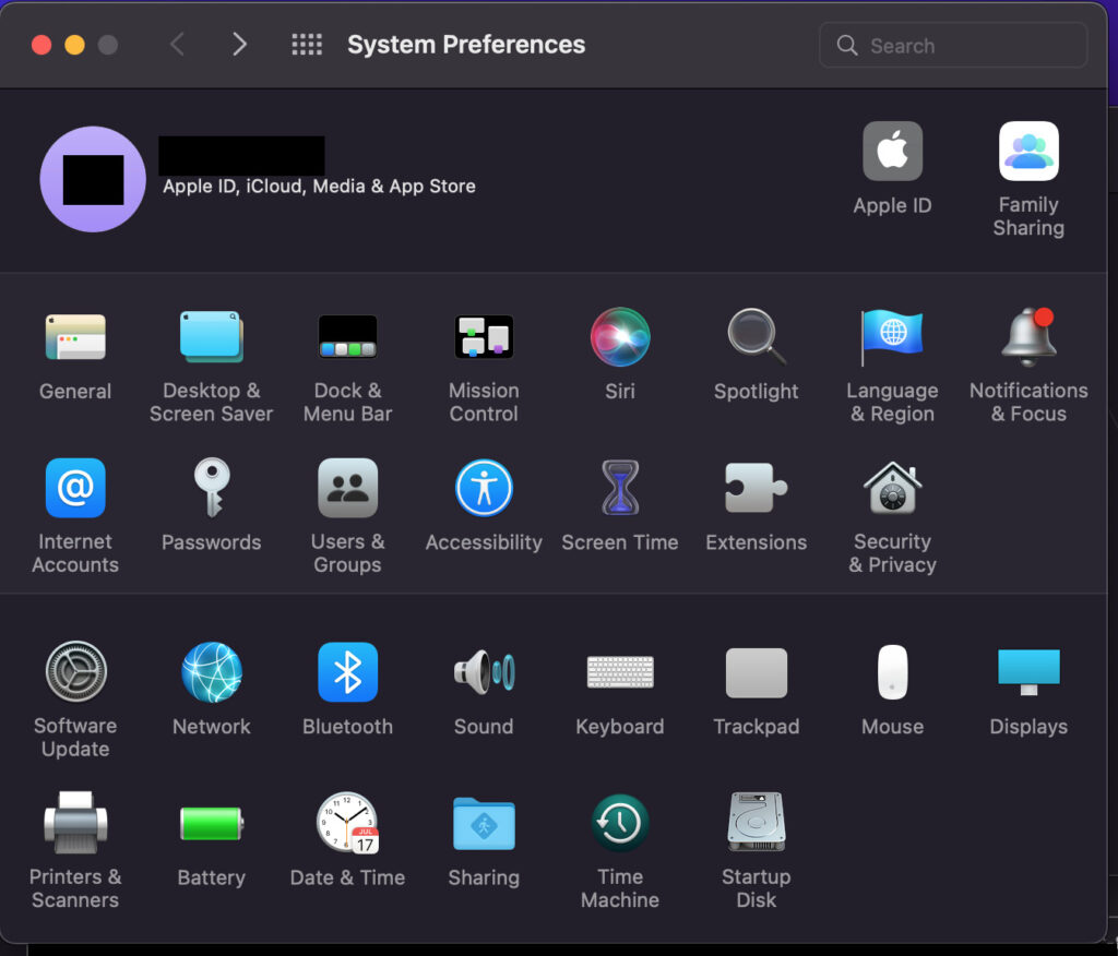 MacOS system preferences tab and time machine.