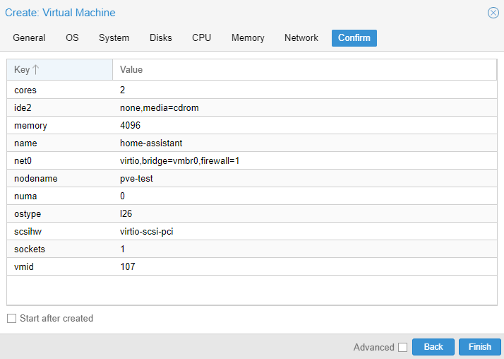 confirming the virtual machine settings in proxmox.