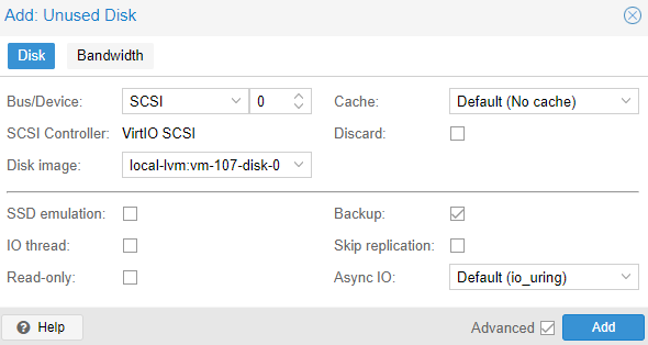 adding the hard disk to the VM in proxmox.