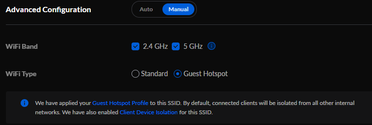 setting the wifi type as guest hotspot in unifi.
