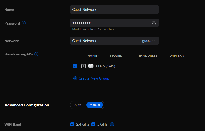 adding a name and password for the guest network.