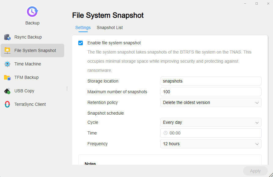 setting a file system snapshot frequency.