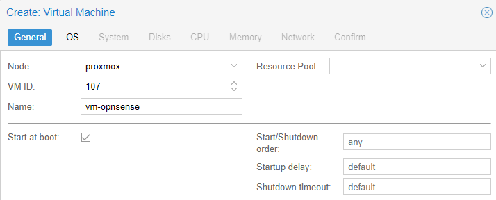 how to install opnsense in proxmox - entering the name and VM ID.