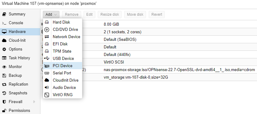 adding a new pci device in proxmox.