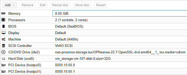 displaying the two pci devices used for LAN and WAN in proxmox.