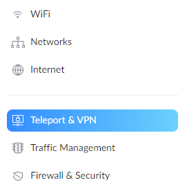 selecting the teleport and vpn setting in unifi.
