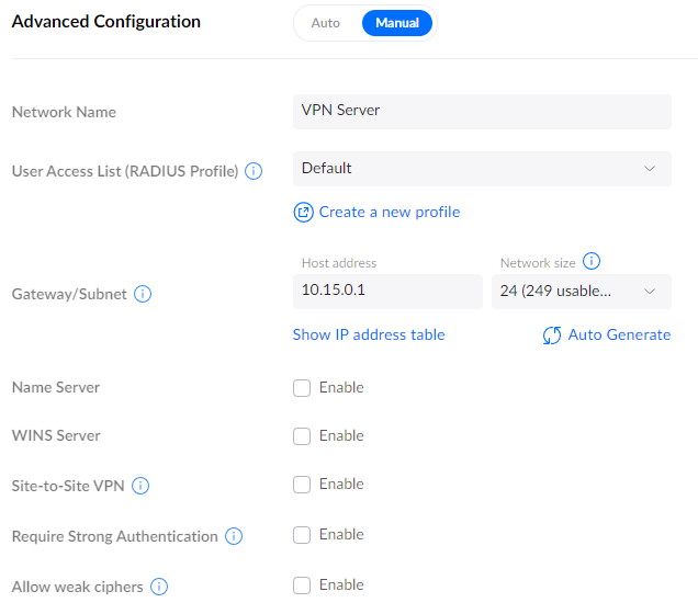 manually configuring the subnet to use in unifi.