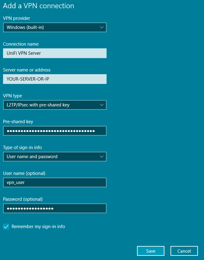 adding the settings for the L2TP VPN in windows 10.