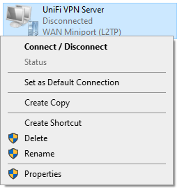 viewing the properties of the vpn server.