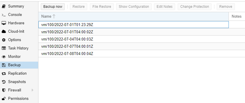 selecting the backup tab in a proxmox VM.