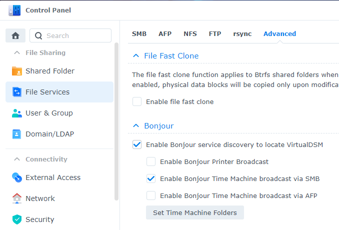 How to Backup to a Synology NAS with Time Machine - ensuring that the bonjour time machine service is enabled for SMB.