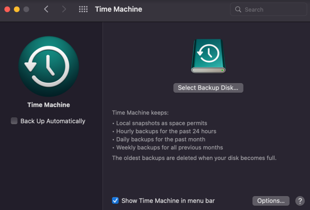 selecting the backup disk in time machine.