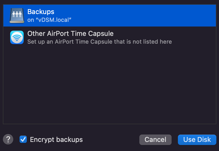 selecting the backups location and enabling the encrypt option.