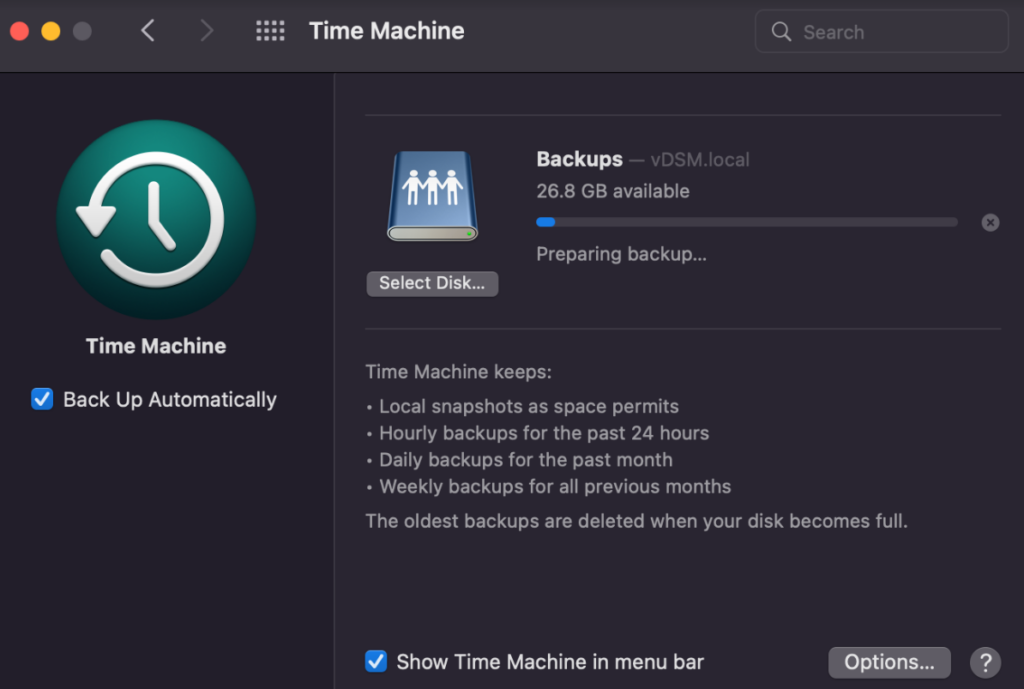 viewing the progress of a time machine backup.